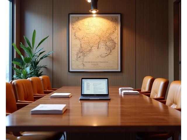 A modern, professional meeting room with a large table, comfortable chairs, and a historical map on the wall, set for a client consultation.