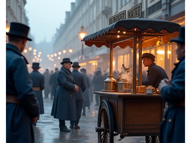 A detailed depiction of a Victorian-era London coffee stall, highlighting economic microhistory.